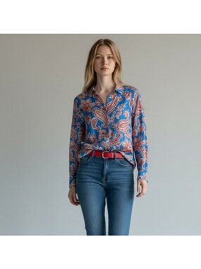 Xirena Neve Button Down Shirt M Capri Blue Red Paisley 100% Cotton Long Sleeve